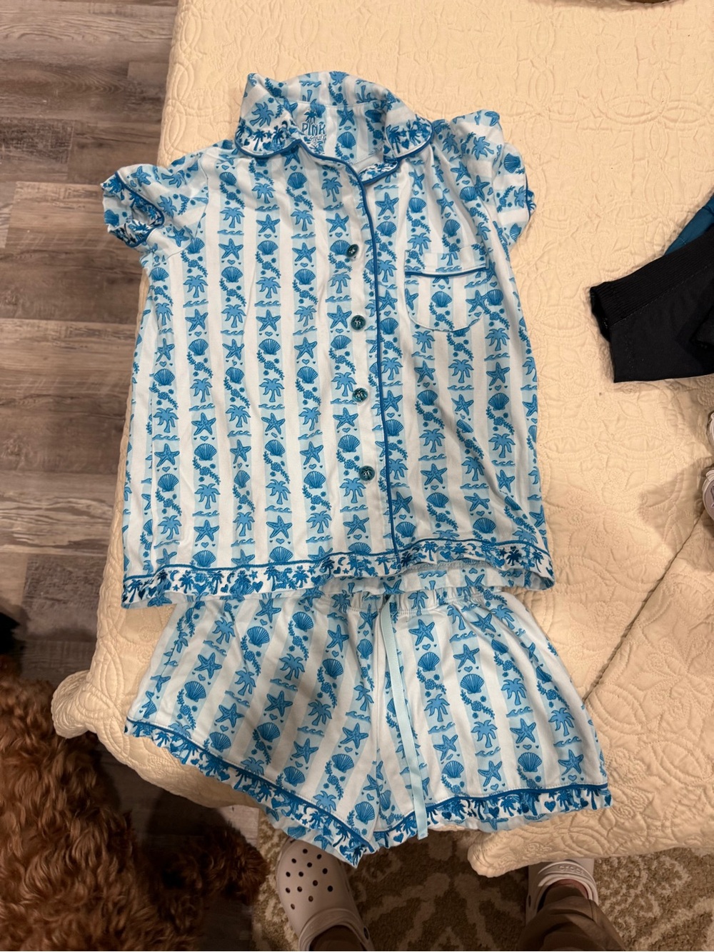 PINK Victoria's Secret Blue & White Sea Life Stripe Kids Pajama Set